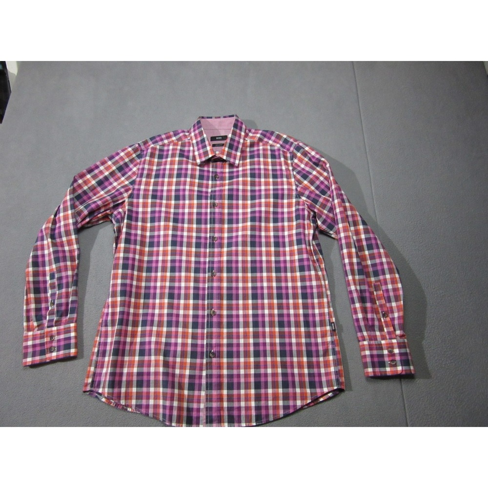 Hugo Boss Shirt Mens Large Purple Multicolor Plaid Regular Fit  Button Up Career